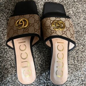 Gucci Beige Brown Monogram Slide Sandals with Gold Double G comes with dust bag